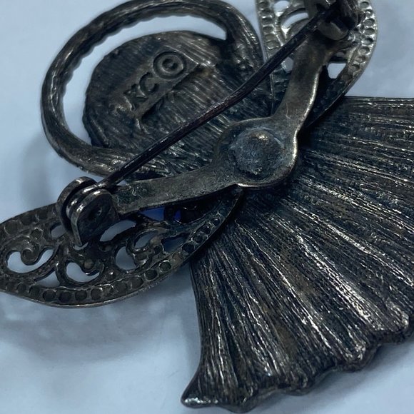 Angel Pin Brooch KC Dark Silver Tone Blue Stones Floral Accent Rhinestone Metal - Picture 8 of 12